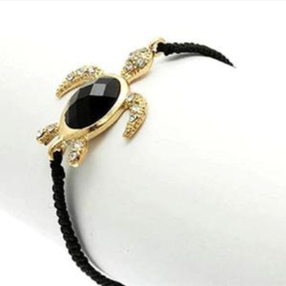 Sea Turtle Bracelet Black Rope Gold Plated Crystal Jeweled Nautical Island Beach - Picture 3 of 4